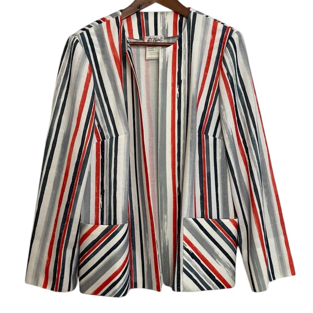New Vintage Blazer Womens Large XL White Gray Red Stripe Light Jacket Retro 90s